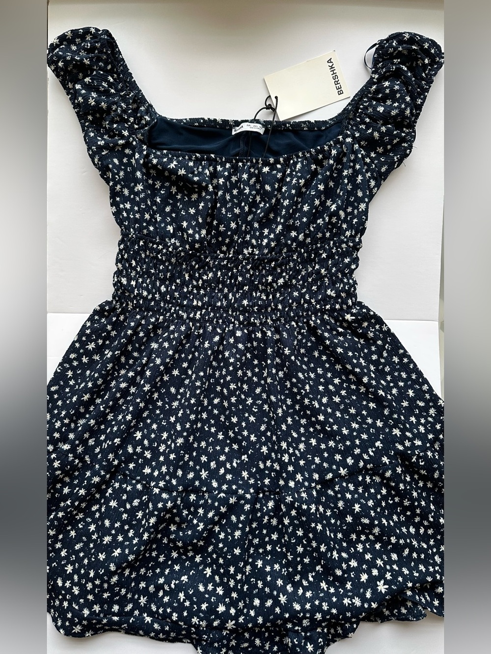 Bershka Navy Blue Dress with White Floral Print